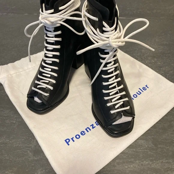 Proenza Schouler Black Leather Open-Toe Lace-Up Ankle Boots with White Laces - Picture 2 of 13